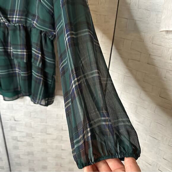 Torrid Ruffled Chiffon Green Plaid Peplum Blouse feminine academia, plus size - Picture 6 of 12